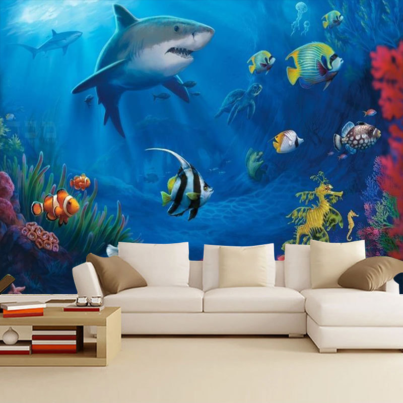 定制海底海洋世界墙纸壁画游泳水族馆男女孩儿童房背景墙壁纸墙布