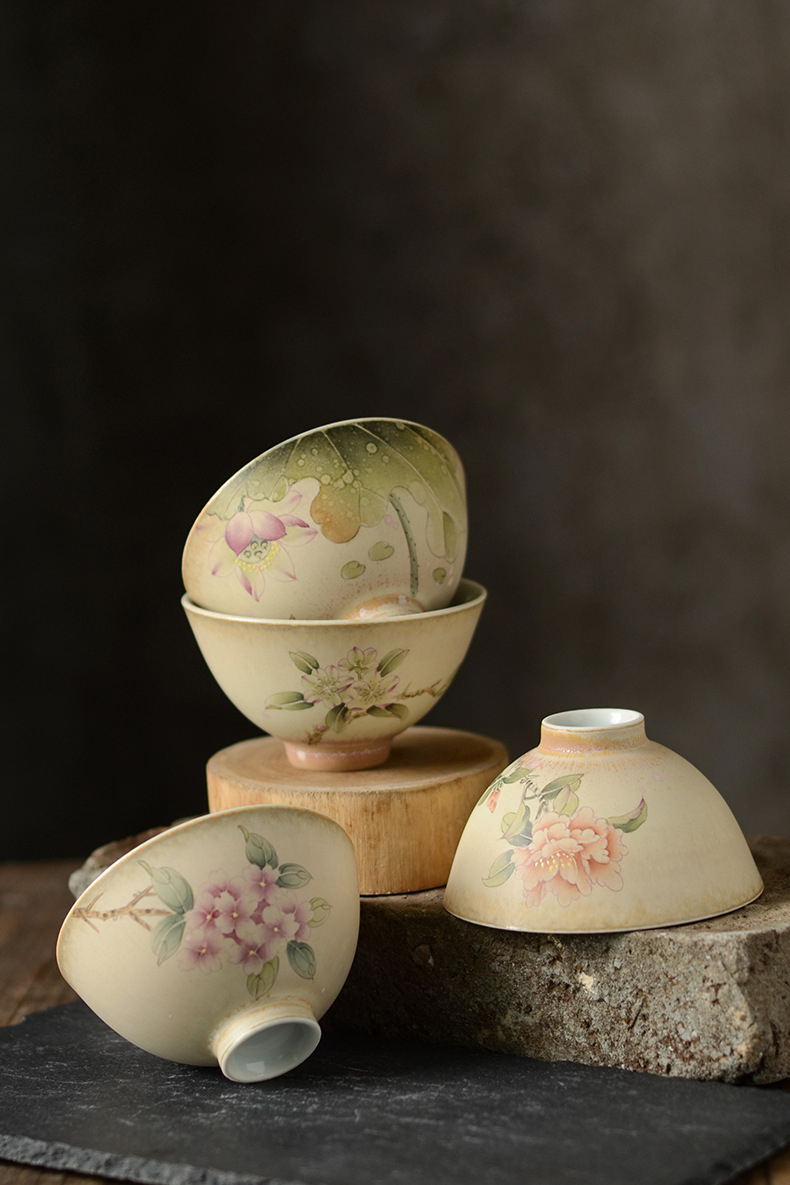 景德镇手绘樱花品茗主人杯大号茶杯新彩陶瓷功夫汝窑开片单杯