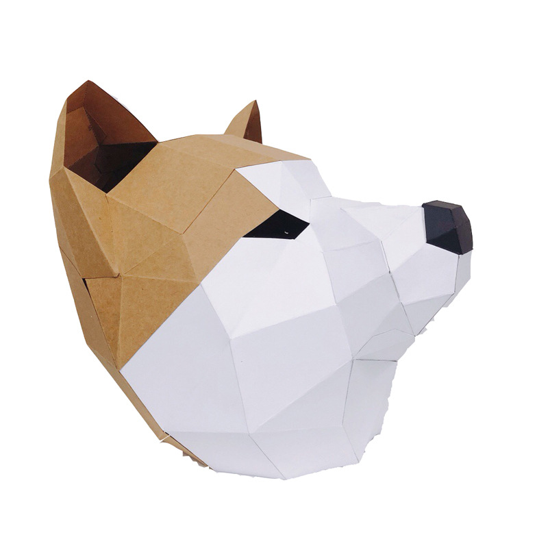 头盔纸模秋田犬面具可穿戴手工纸模型化装舞会diy创意狗头