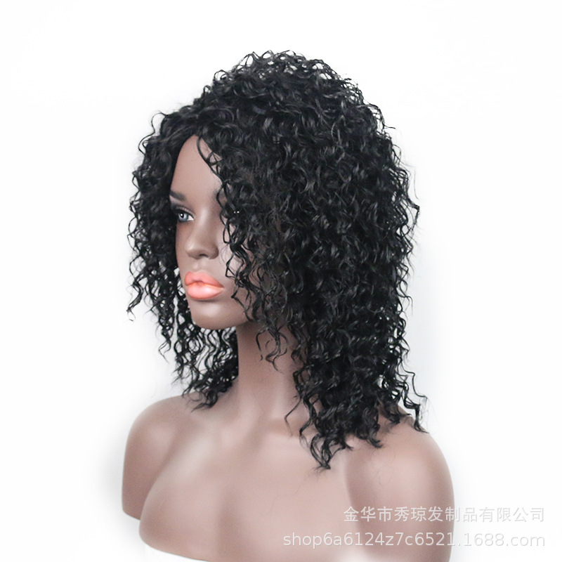 外贸非洲黑人假发女侧分中分泡面头黑色中长卷发 human hair