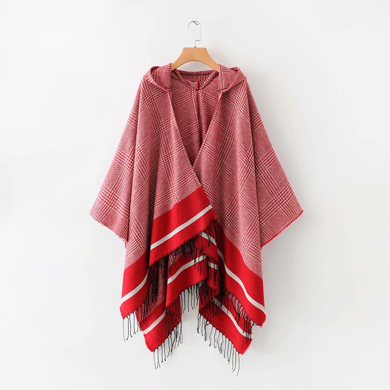 2019秋季外贸批发女装格纹斗篷针织毛衣女