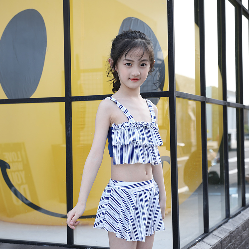 时尚分体儿童泳衣套装女 保守平角女童泳衣 大童学生爆款吊带泳装