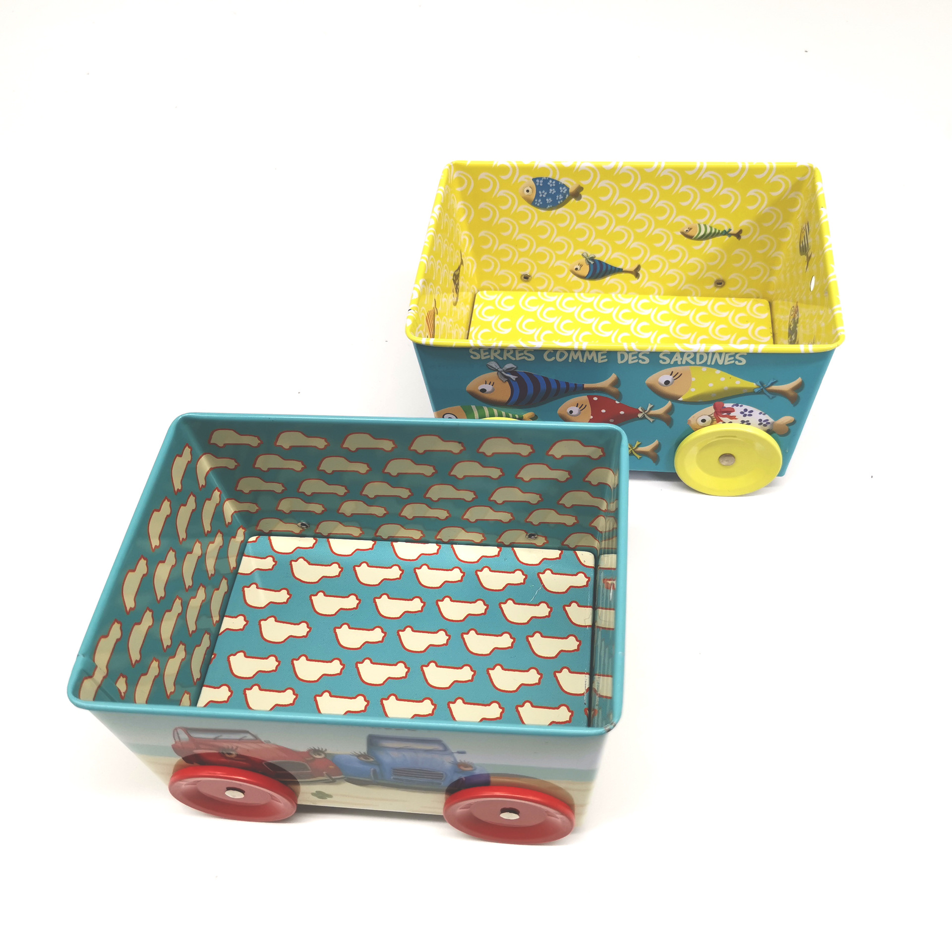 马口铁异形玩具车载罐 梯形卡通沙滩玩具 儿童玩具车厂家定制