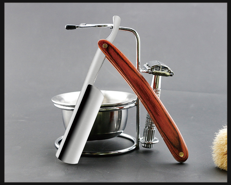剃须刀架不锈钢刮胡刀架刮面剃毛剃头折叠木柄双面换刀片刀架定制