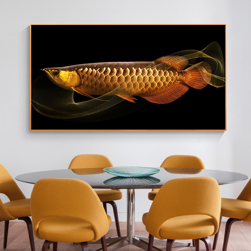 现代简约金龙鱼餐厅墙上装饰画横幅玄关招财墙画大气金色饭厅挂画