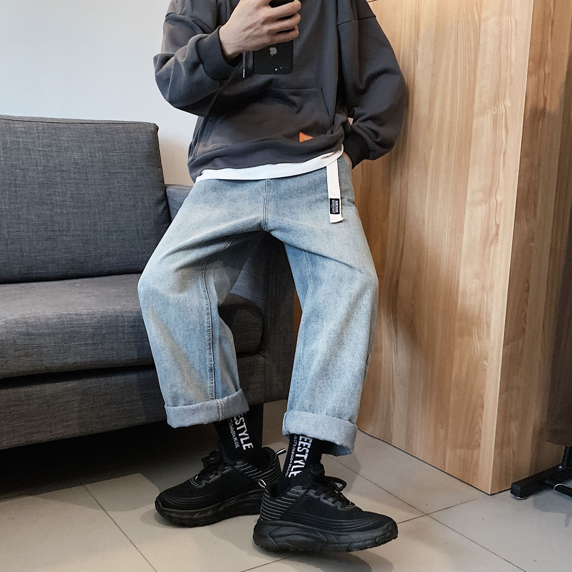 珀斯人男士直筒牛仔裤休闲韩版复古老爹裤青年宽松工装裤百搭裤子