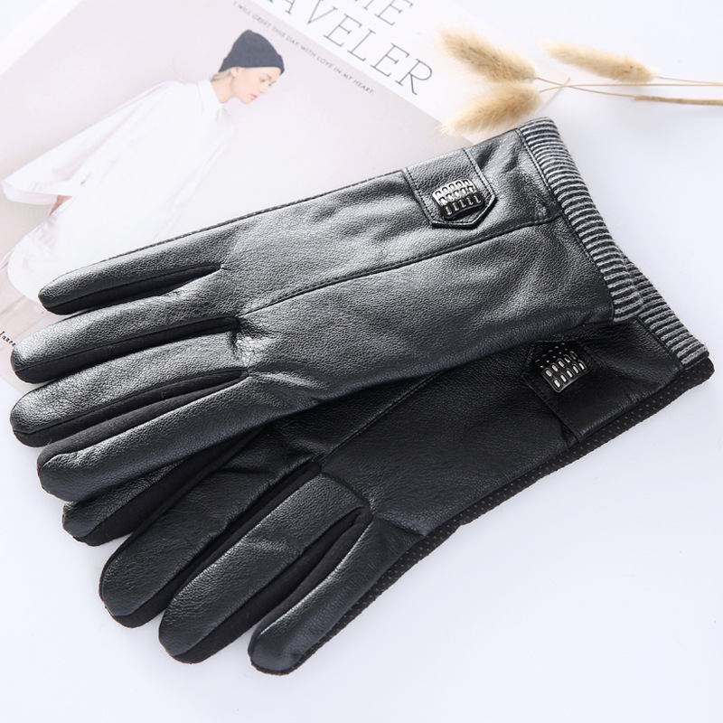 Pu Gloves Men's Winter Thickened Velvet Padded Warm Gloves Cycling Motorcycle Cold-Proof Gloves Leisure Leather Gloves