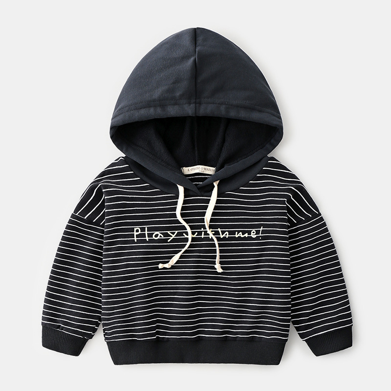 儿童韩版时尚条纹上衣 男童连帽抽绳款卫衣 2019秋季新款童装批发