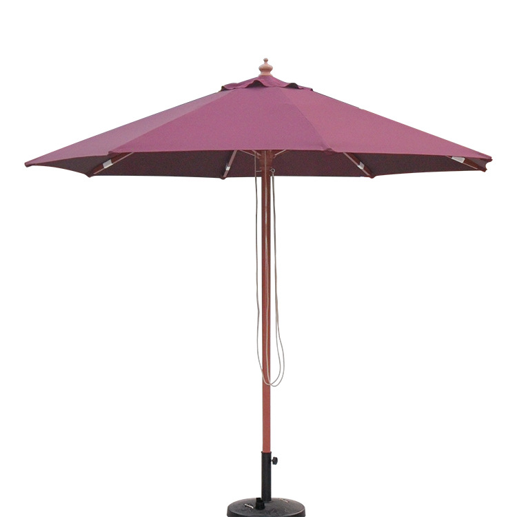 9尺圆形酒红色户外太阳伞单杆8骨仿柚木色铝合金中柱伞