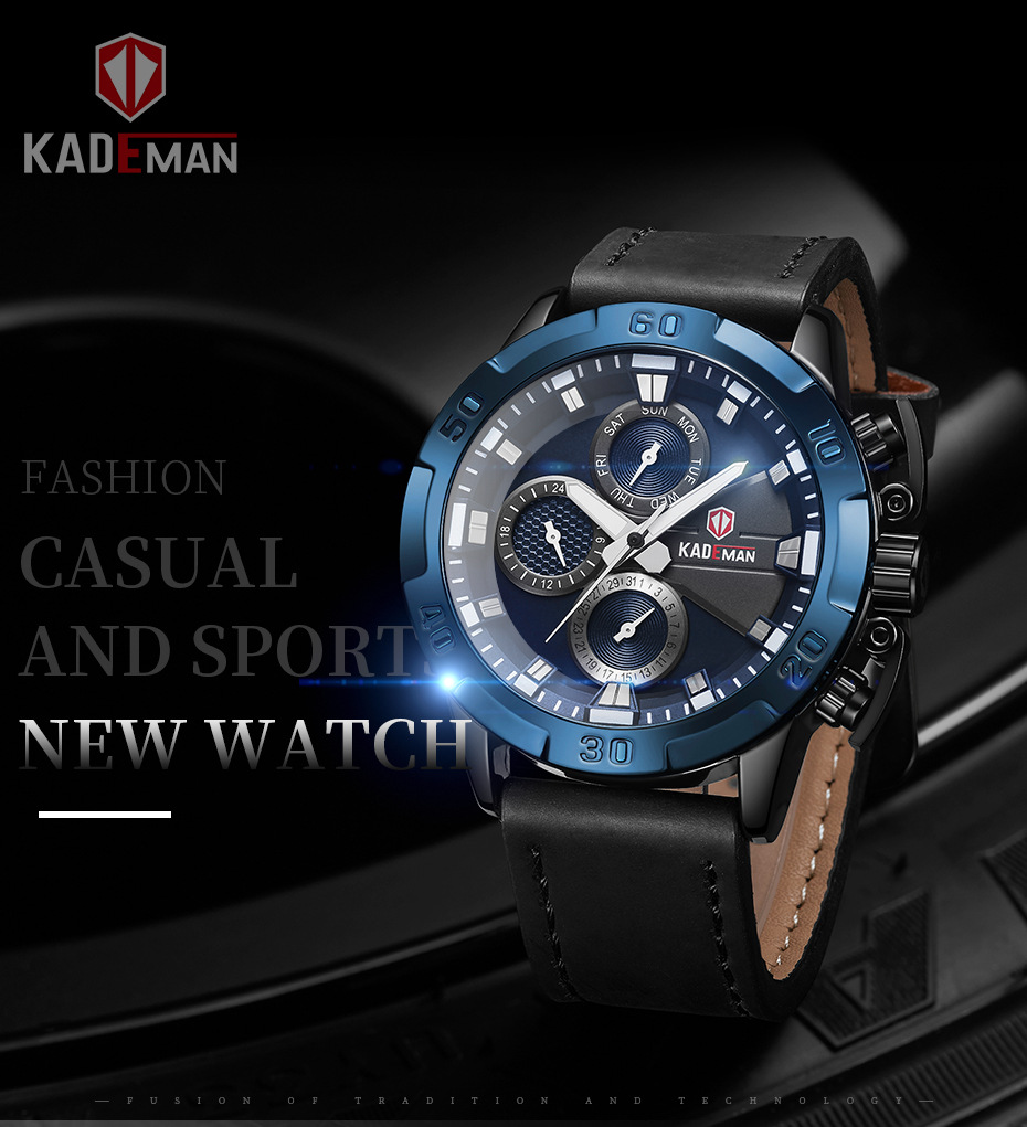 kademan卡德曼男士手表真皮表带多功能三眼运动防水石英手表813