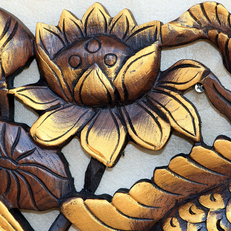 木雕荷花富贵金鱼雕花板东南亚镂空柚木挂板泰式软装壁饰挂件墙饰