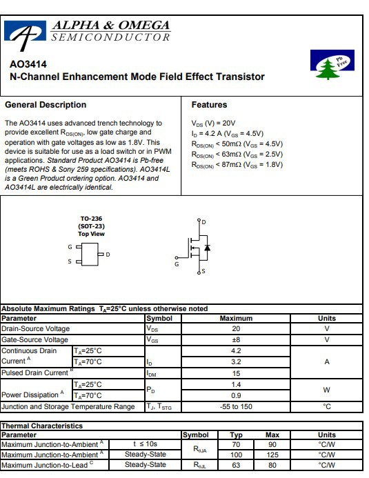 ao3414 mosfet mos场效应管 贴片 n-ch 20v 4.2a sot23 私印ae9t