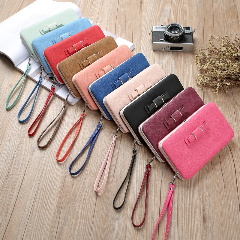 2023 New Cross-Border Korean Women's Wallet Bow Magnetic Snap Box Bag Multiple Card Slots Pu Purse Clutch