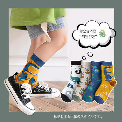 儿童袜子卡通恐龙韩国ins潮男女童中筒袜秋冬大童中筒袜学院风
