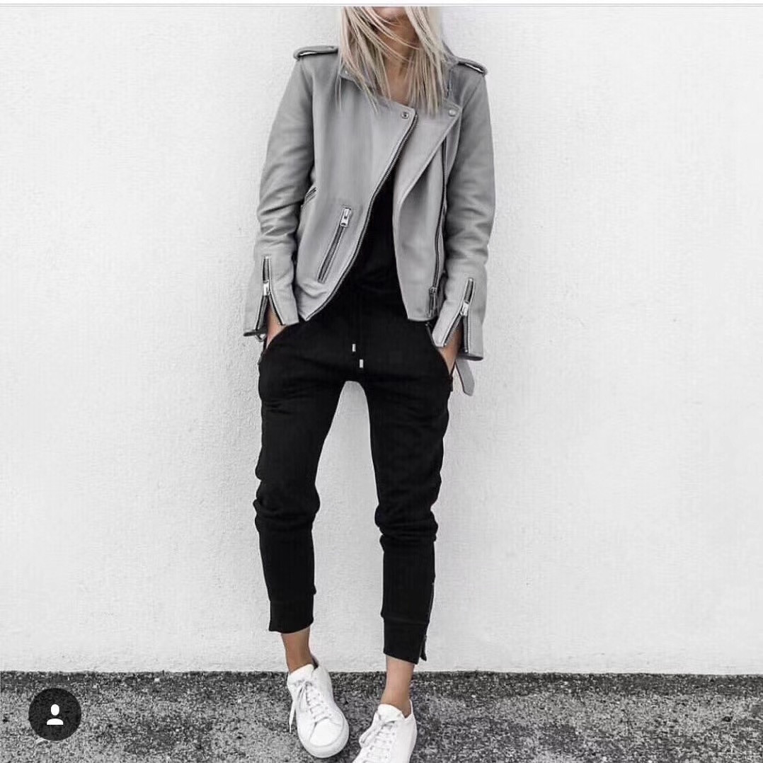 欧洲站机车皮衣女2019新款宽松皮夹克水泥灰短款外套明星同款