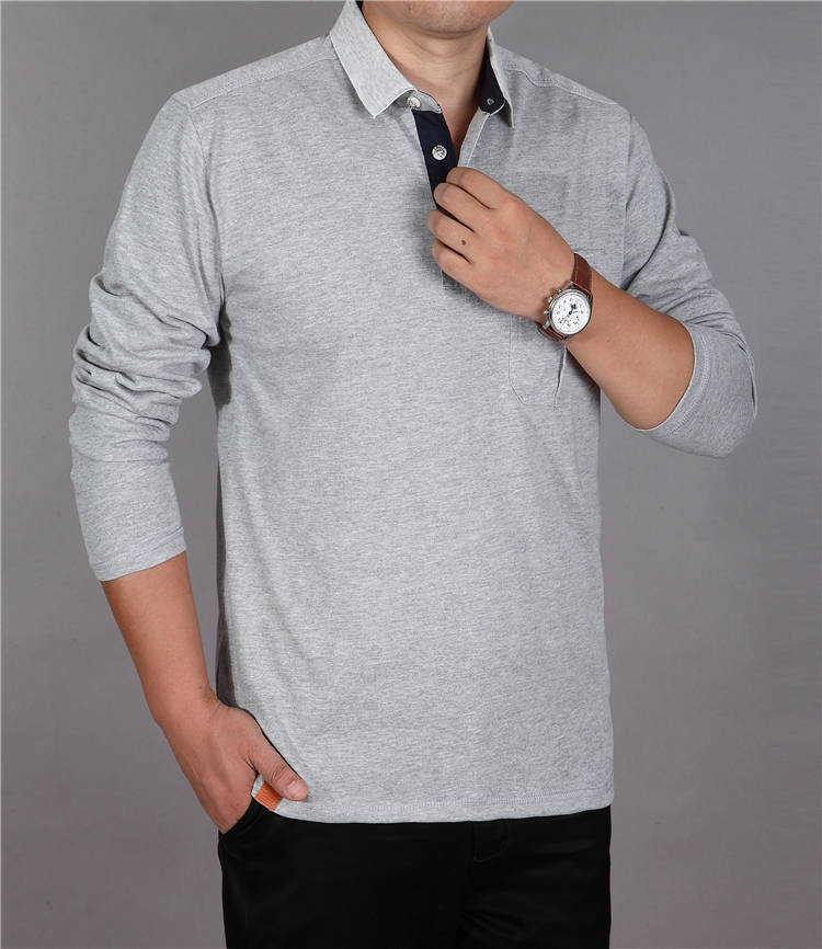 带口袋中年长袖男t恤爸爸春装 男士翻领纯棉打底衫上衣服秋衣男装