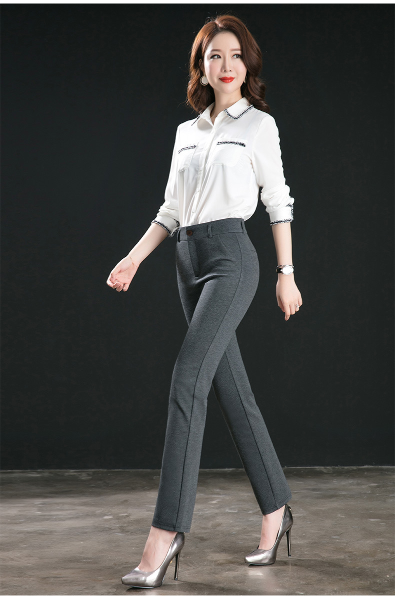 2019秋季新款休闲女裤高腰修身小直筒裤职业装灰色女西裤大码长裤