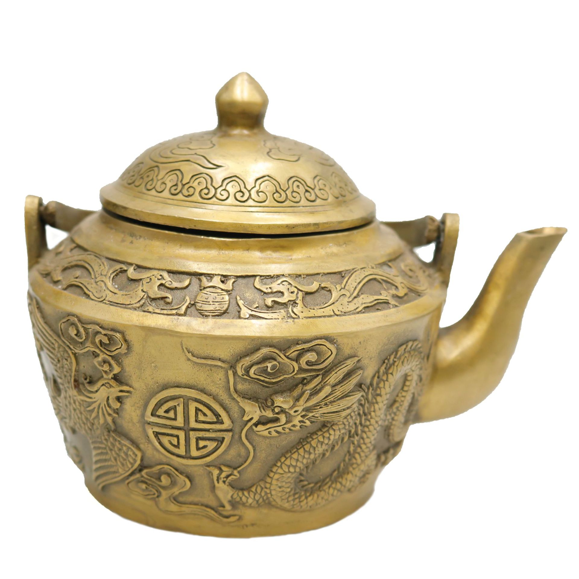 铜壶黄铜龙凤呈祥酒壶茶壶乾隆年制古玩收藏做旧杂项铜器工艺品