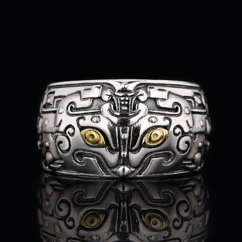 神兽饕餮戒指纯银男士开口情侣潮人个性霸气食指指环女款复古潮男