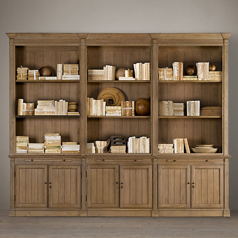出口美式乡村实木复古书柜组合书房收纳柜会所别墅陈列柜简约风格