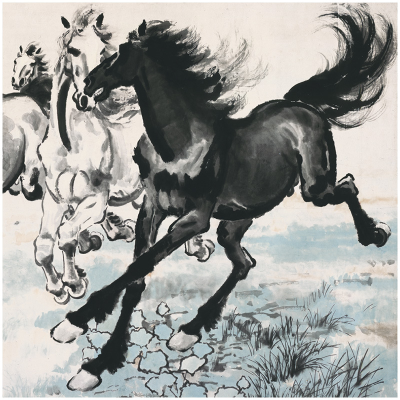 新中式客厅装饰画芯艺术微喷徐悲鸿八骏奔马图办公室横幅装饰挂画