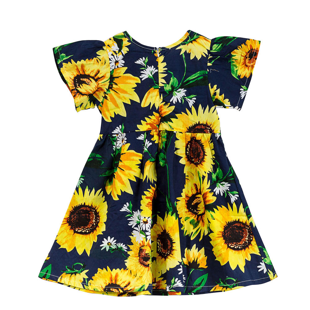 欧美夏款向日葵棉麻小女孩连衣裙 棉短袖圆领女童公主裙子现货