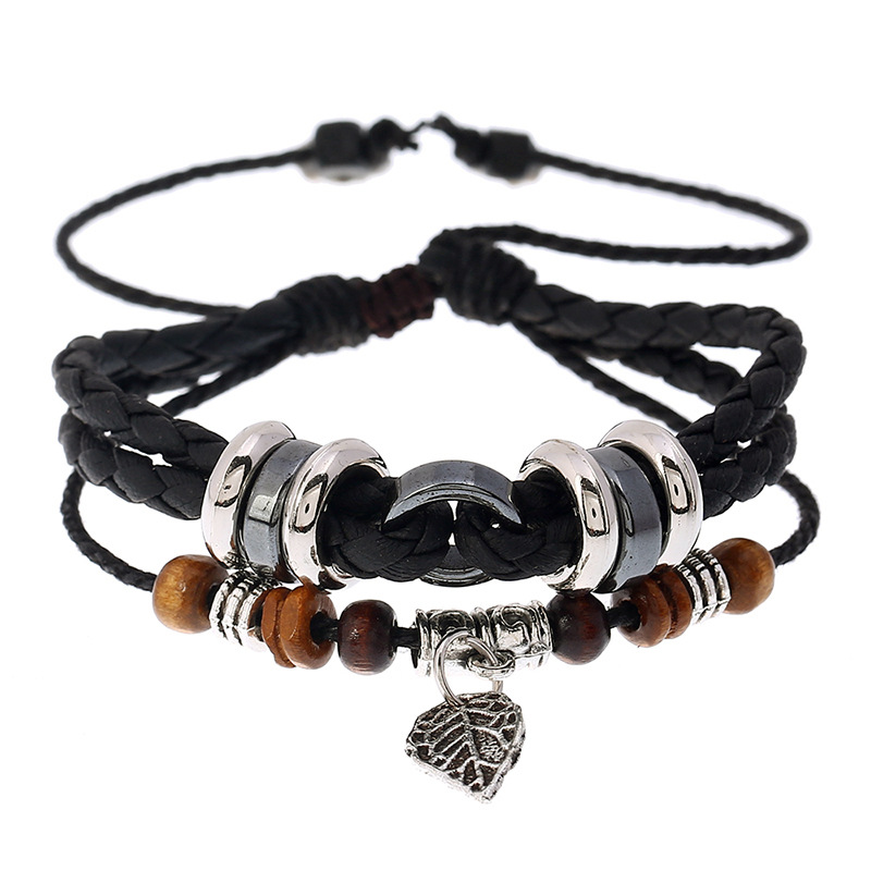 Korean-Style Chic and Unique Creative Multi-Layer Woven Leaf Pendant Men's Leather Bracelet Cross-Border E-Commerce Bracelet Wholesale