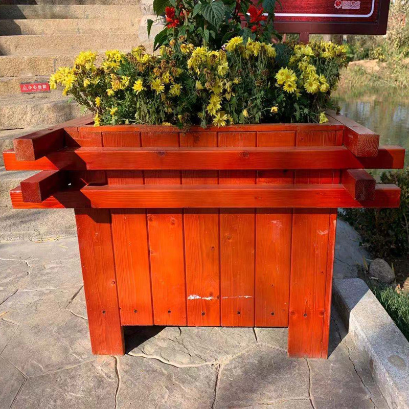 厂家定制碳化木花盆防腐木花盆 铁架结构路边户外公园花园花盆