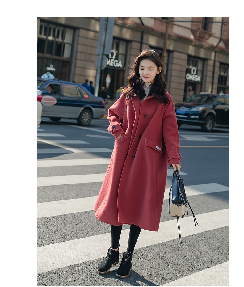 实拍ins西瓜红学院风贴标翻领单排扣宽松大码羊毛呢子大衣外套女