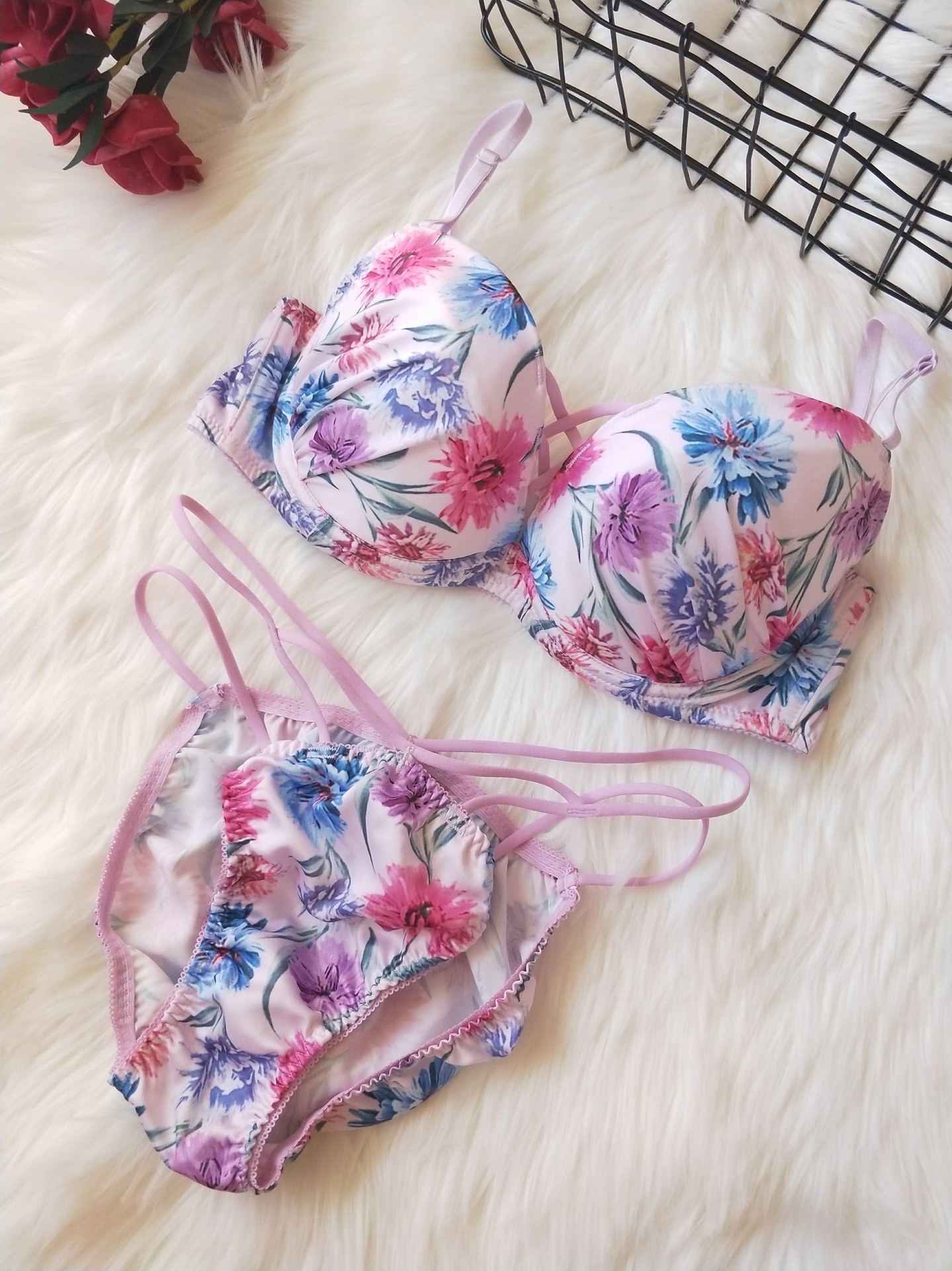 rs003出口日本r家丝面印花钢圈文胸聚拢绑带内衣套装