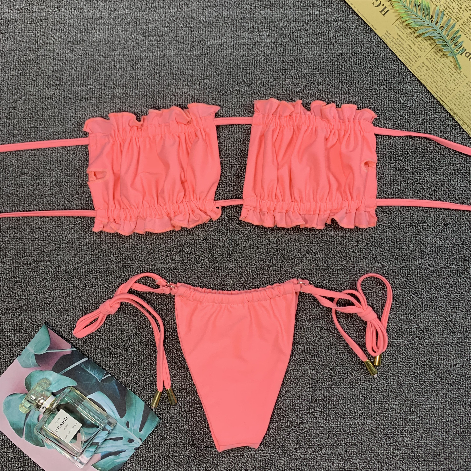 鹏翔2020新款比基尼欧美双面料有光布泳衣抽绳抹胸性感泳装2025