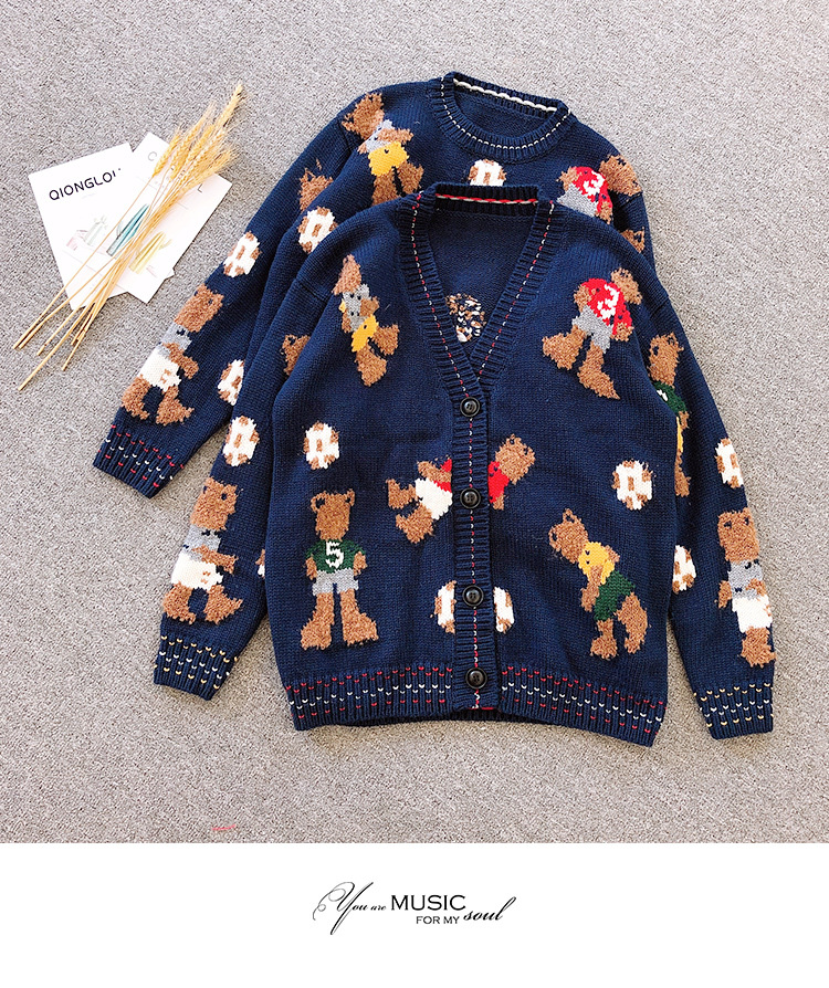 19秋冬复古古着小熊图案粗线毛衣慵懒风宽松圆领套头针织开衫上衣