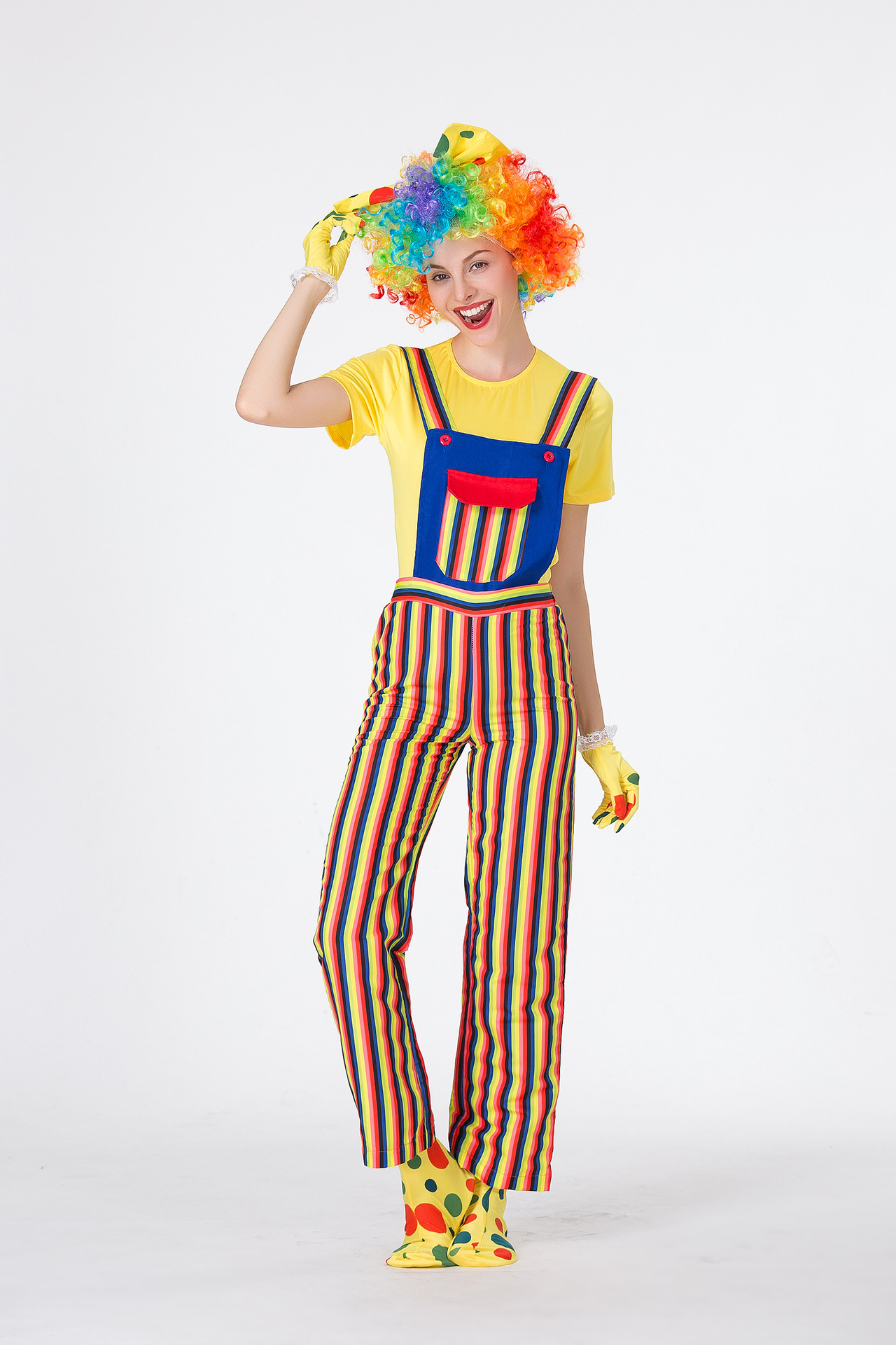 新款黄红双色背带裤小丑服装万圣节cos化妆舞会舞台演出服分码