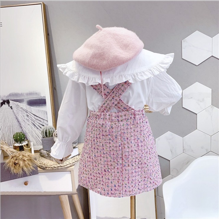 Korean Style New Girls' Suit Autumn Baby Girls' Big Lapel Long Sleeve Shirt Classic Style Suspender Skirt Two-Piece Suit Fashion