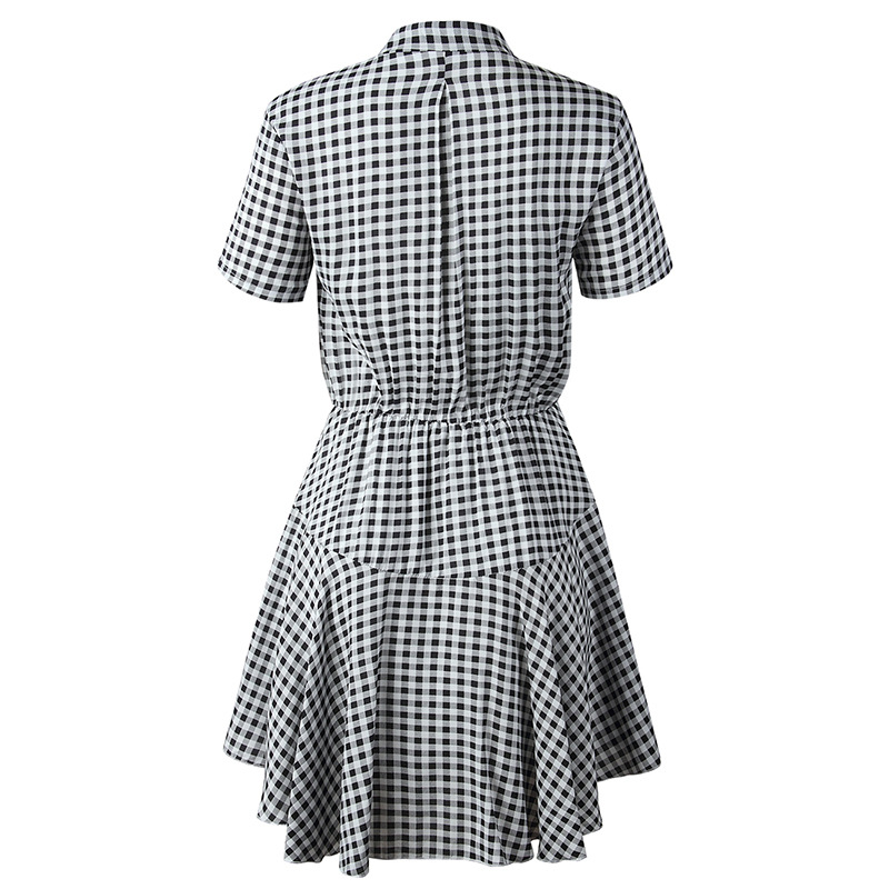 2020春夏女装时尚格纹扣子收腰短袖连衣裙印花纽扣衬衫裙310222