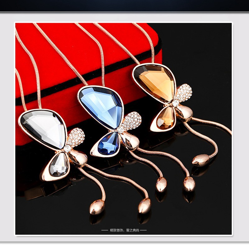 水晶蝴蝶毛衣链 韩版时尚百搭水晶长款流苏毛衣链项链 服装配饰