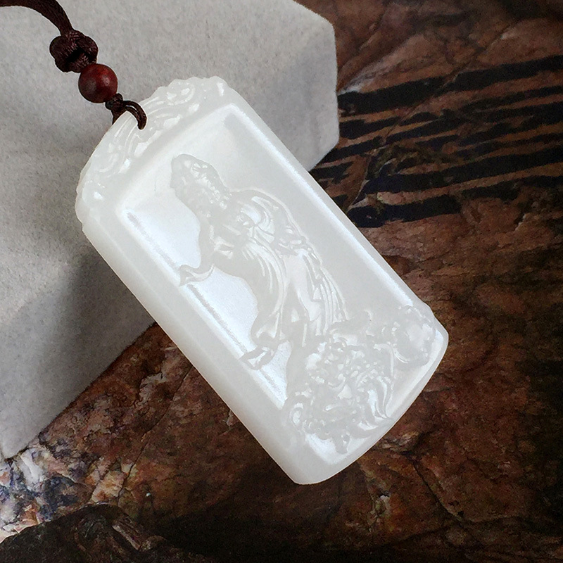 天然阿富汗白玉方牌观音牌子 玉观音挂牌 菩萨玉牌 观世音玉佩男