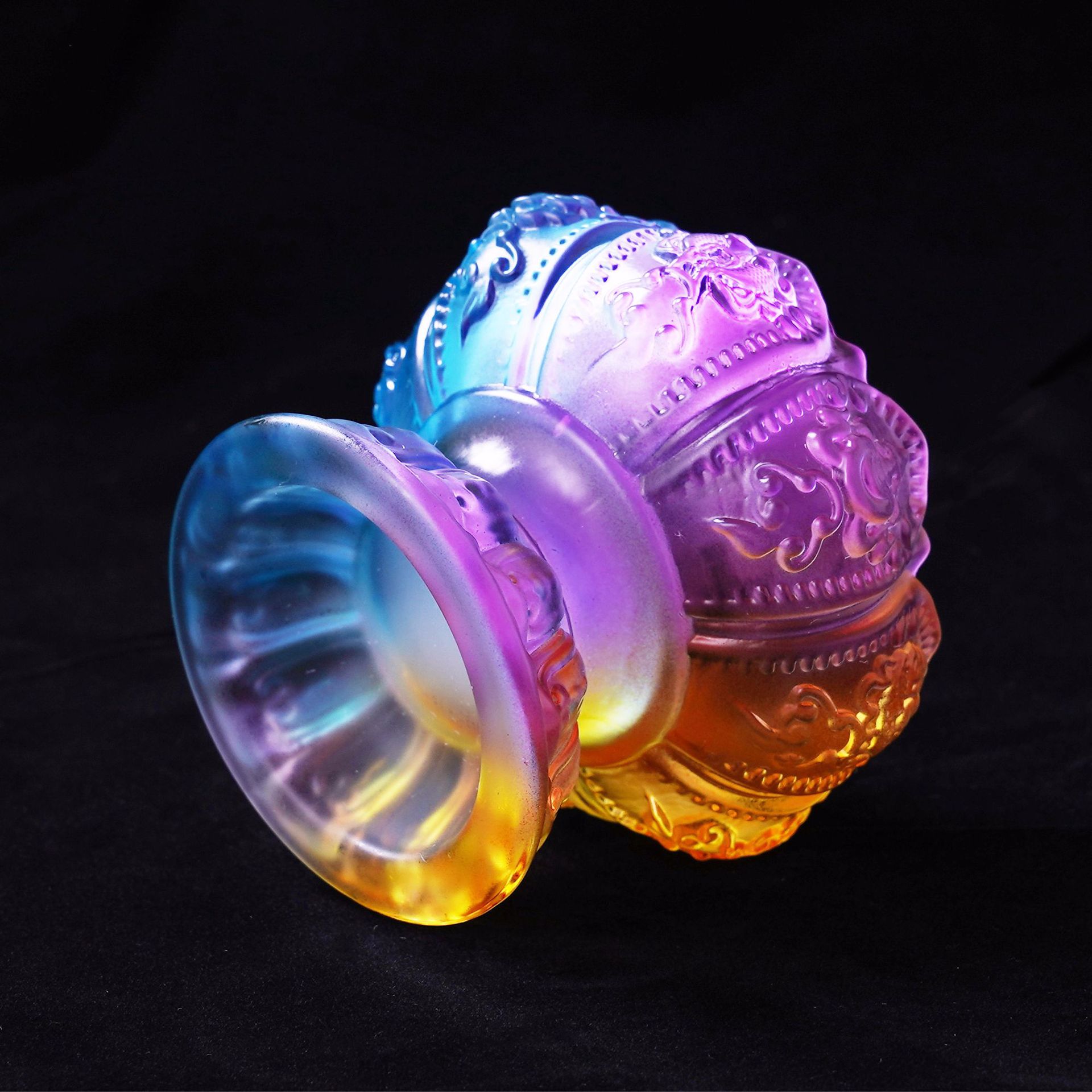 佛具七彩琉璃八吉祥酥油灯座 佛教用品供佛灯水晶烛台摆件批发