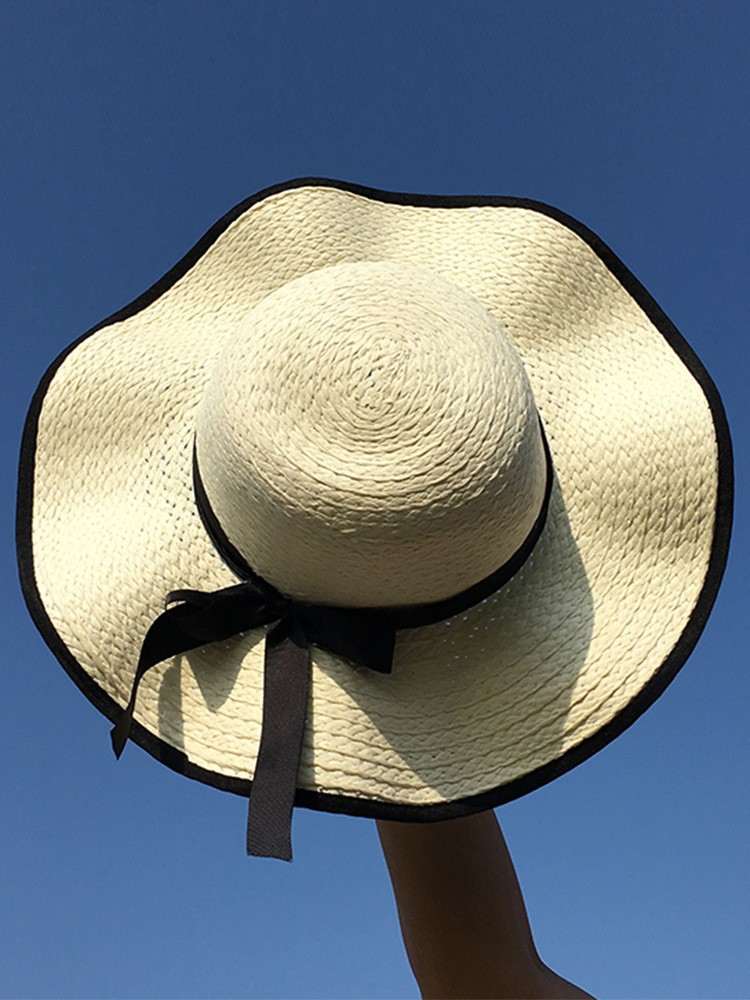 帽子女夏天 韩版遮阳帽沙滩帽波浪边大沿草帽女夏海边防晒太阳帽