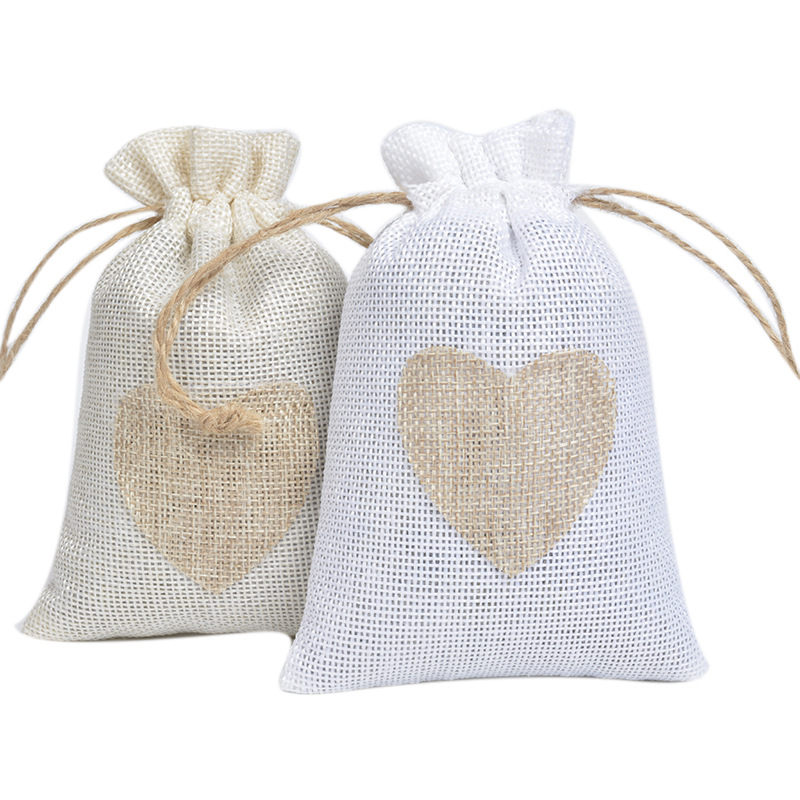 Linen Drawstring Bag Natural Love Drawstring Linen Bag Wedding Favors Gift Packaging Bag 10 * 14cm