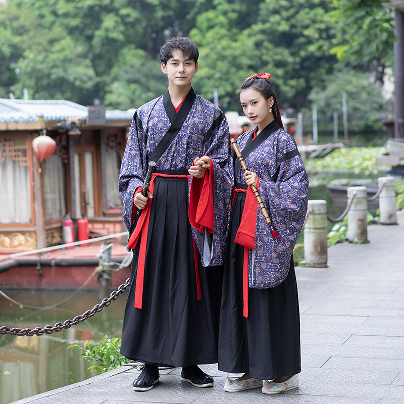 传统汉服男女装中国风印花交领齐腰襦裙晋制春秋季戏服情侣装演员