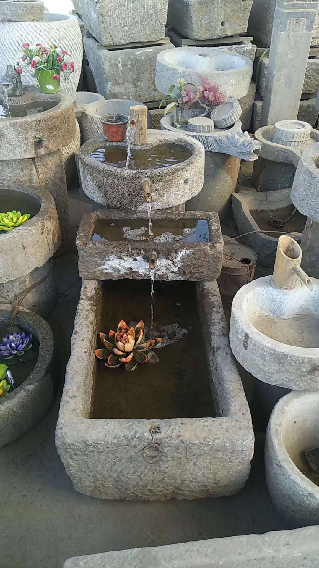 石雕老石磨石槽流水摆件 旧石器庭院景观组合老石槽流水摆件