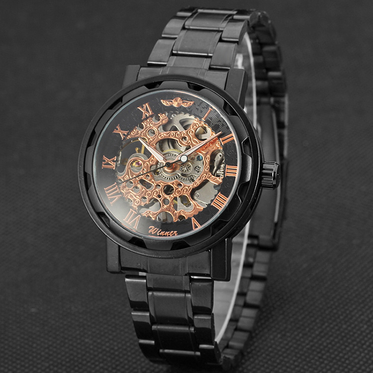 镂空齿轮手动机械手表 精钢罗马刻度机械钢带手表 241