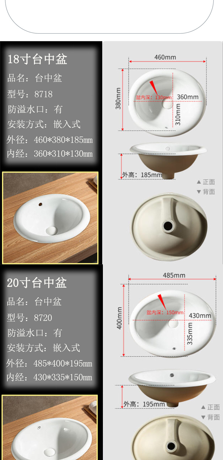 成人台下盆台中盆18寸20寸22寸方型带防溢水口洗脸盆多尺寸工程款