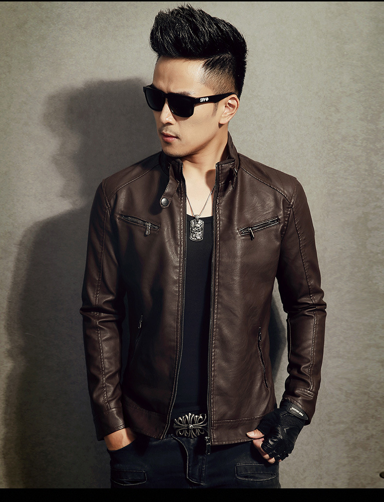 秋冬男士皮衣夹克外套青年立领pu皮茄克加绒加厚皮褂风衣潮牌工装