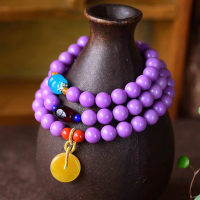 厂家直销天然香芋紫紫云母多圈手链搭配蜜蜡平安扣三圈手串饰品女