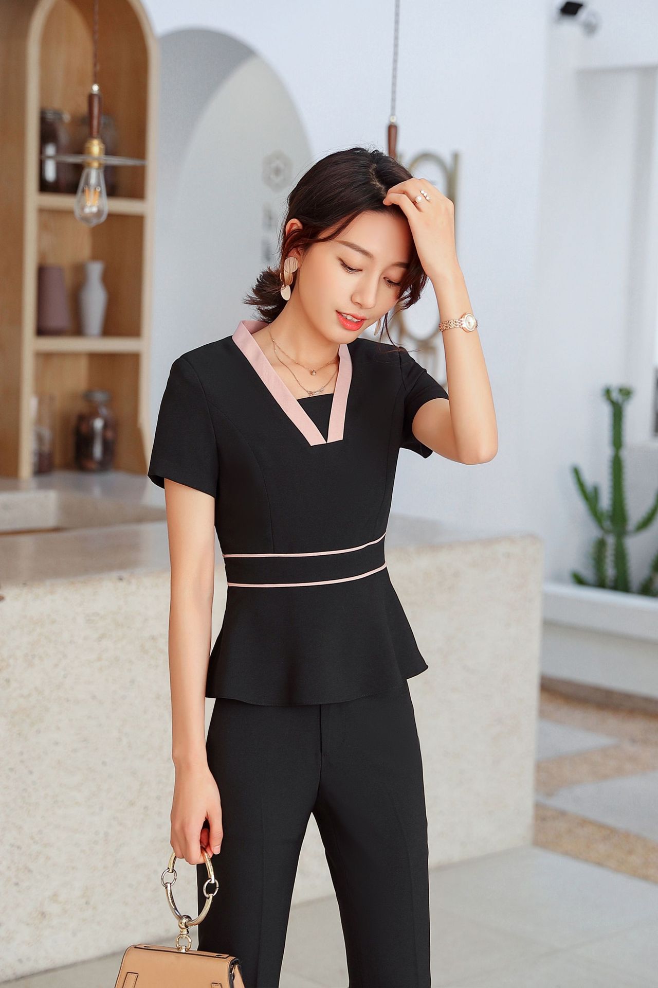 新款工作服女ktv空姐短袖制服按摩推拿桑拿汗蒸技师职业套装