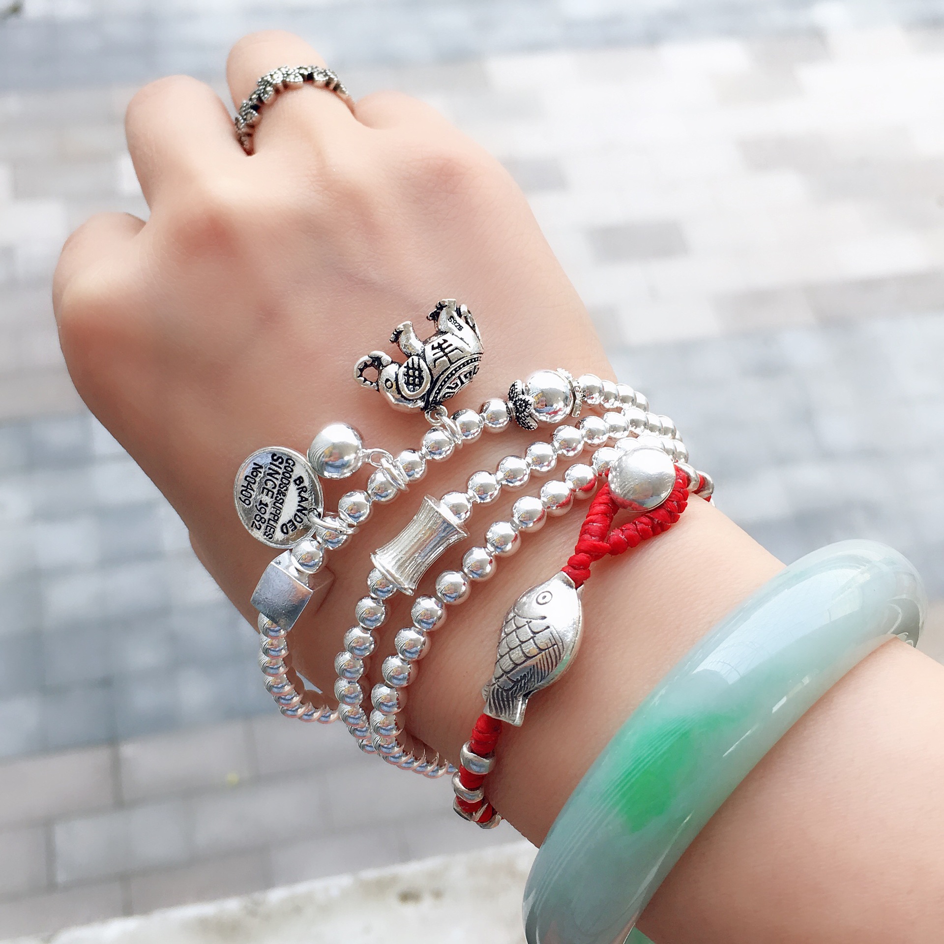 s925纯银手链三圈泰银大象复古圆牌手工原创多层银珠吉祥象手串