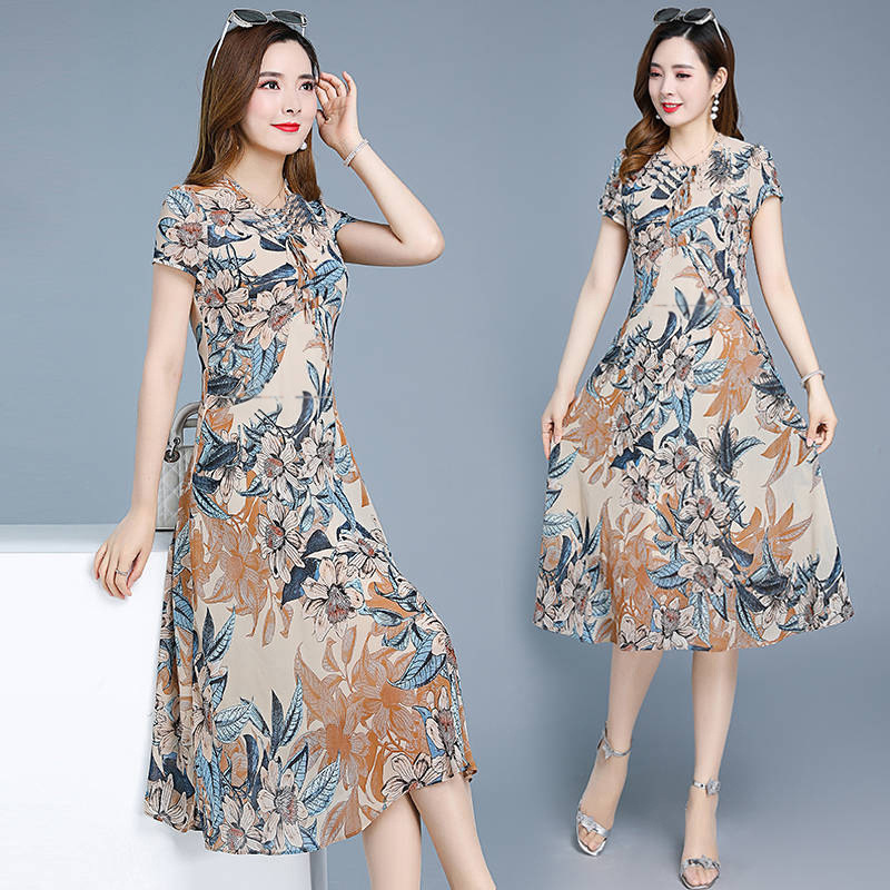 Wholesale New Floral Skirt Mid-Length Dress for Moms Middle-Aged Women Slim Fit Slimming Large Size Middle-Aged and Elderly