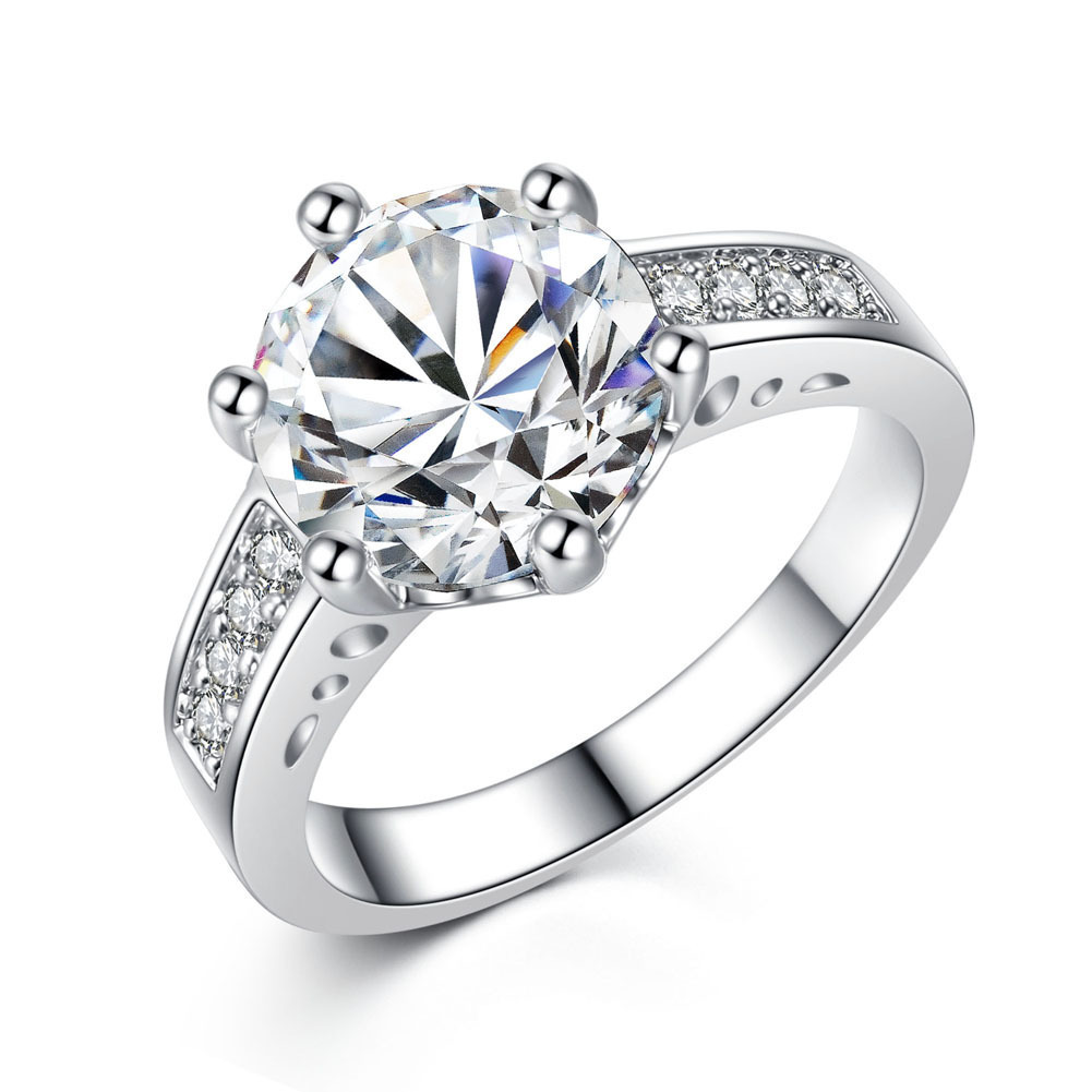 跨镜经典六爪戒指 镀白金钻石女戒 超sona钻戒欧美奢华饰品批发